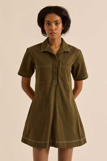Shop Kharakapas Olive Green Twill Collared Neck Chive Front Patch Pocket Dress Shop_Kharakapas_Olive Green Twill Collared Neck Chive Front Patch Pocket Dress