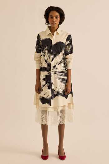 Buy_Kharakapas_Black Poplin Collared Neck Baccara Floral Print Shirt Dress _Online_at_Aza_Fashions