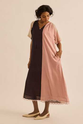 Kharakapas_Multi Color Muslin (mulmul) V-neck Puce Block Dress _at_Aza_Fashions