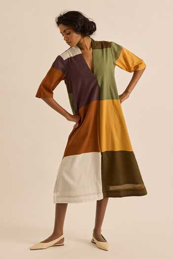 Shop Kharakapas Multi Color Muslin (mulmul) V-neck Marl Block Paneled Dress Online at Aza Fashions Shop_Kharakapas_Multi Color Muslin (mulmul) V-neck Marl Block Paneled Dress _Online_at_Aza_Fashions