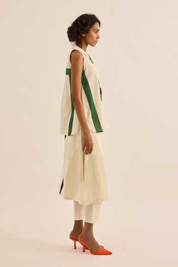 Kharakapas_Green Muslin (mulmul) Shawl Neck Laurel Striped Waistcoat _Online_at_Aza_Fashions