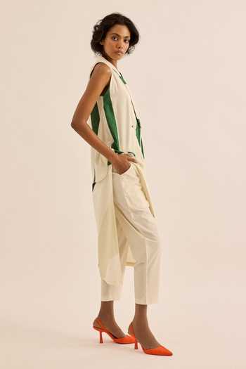 Buy_Kharakapas_Green Muslin (mulmul) Shawl Neck Laurel Striped Waistcoat _Online_at_Aza_Fashions
