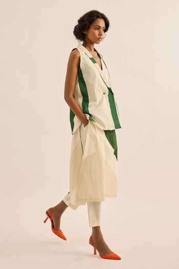Shop_Kharakapas_Green Muslin (mulmul) Shawl Neck Laurel Striped Waistcoat _Online_at_Aza_Fashions