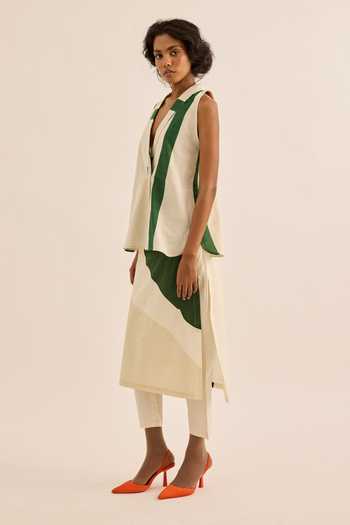Kharakapas_Green Muslin (mulmul) Shawl Neck Laurel Striped Waistcoat _at_Aza_Fashions