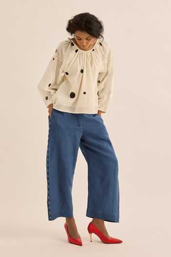 Kharakapas Ivory Muslin (mulmul) Round Neck Snowdot Polka Dot Top at Aza Fashions Kharakapas_Ivory Muslin (mulmul) Round Neck Snowdot Polka Dot Top _at_Aza_Fashions