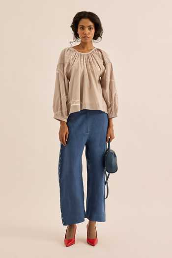 Shop Kharakapas Taupe Muslin Round Neck Dust Rose Abstract Print Top Online at Aza Fashions Shop_Kharakapas_Taupe Muslin Round Neck Dust Rose Abstract Print Top _Online_at_Aza_Fashions