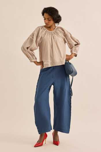 Buy Kharakapas Taupe Muslin Round Neck Dust Rose Abstract Print Top Buy_Kharakapas_Taupe Muslin Round Neck Dust Rose Abstract Print Top