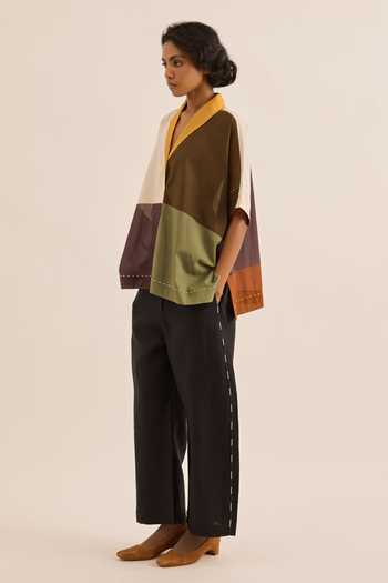 Kharakapas Multi Color Muslin Notched Neck Navara Blocked Shirt Online at Aza Fashions Kharakapas_Multi Color Muslin Notched Neck Navara Blocked Shirt _Online_at_Aza_Fashions