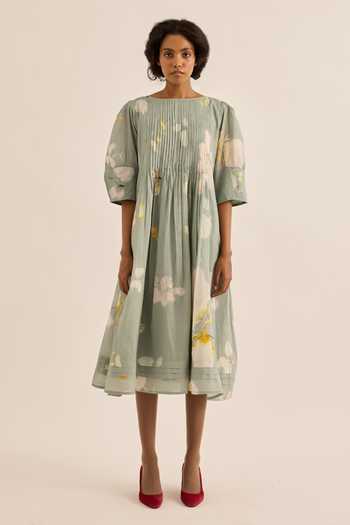 Shop_Kharakapas_Green Muslin Boat Neck Cornflower Floral Print Dress _Online_at_Aza_Fashions