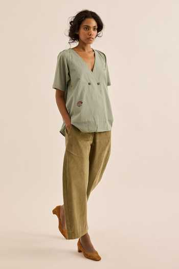 Shop Kharakapas Green Muslin (mulmul) V-neck Sagebrush Scattered Floral Motif Top Online at Aza Fashions Shop_Kharakapas_Green Muslin (mulmul) V-neck Sagebrush Scattered Floral Motif Top _Online_at_Aza_Fashions