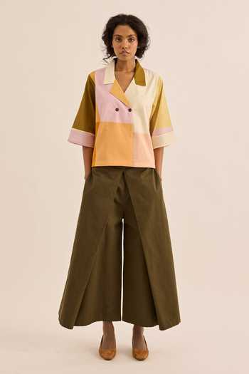 Kharakapas_Multi Color Muslin Notched Neck Monira Blocked Shirt _at_Aza_Fashions