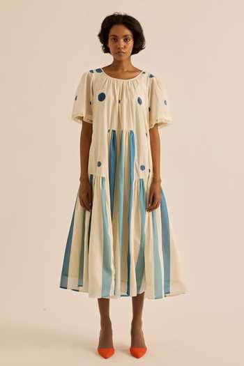 Kharakapas Blue Muslin Round Neck Wild Pine Striped Polka Dot Dress Online at Aza Fashions Kharakapas_Blue Muslin Round Neck Wild Pine Striped Polka Dot Dress _Online_at_Aza_Fashions