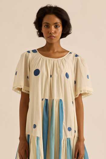 Kharakapas Blue Muslin Round Neck Wild Pine Striped Polka Dot Dress at Aza Fashions Kharakapas_Blue Muslin Round Neck Wild Pine Striped Polka Dot Dress _at_Aza_Fashions