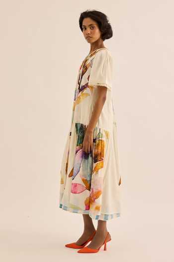 Buy_Kharakapas_Multi Color Muslin Round Neck Petaline Floral Print Dress _Online_at_Aza_Fashions