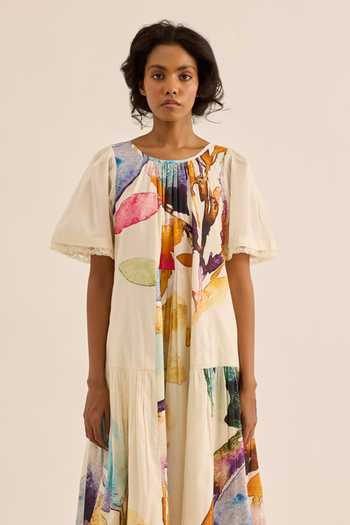 Shop_Kharakapas_Multi Color Muslin Round Neck Petaline Floral Print Dress _Online_at_Aza_Fashions