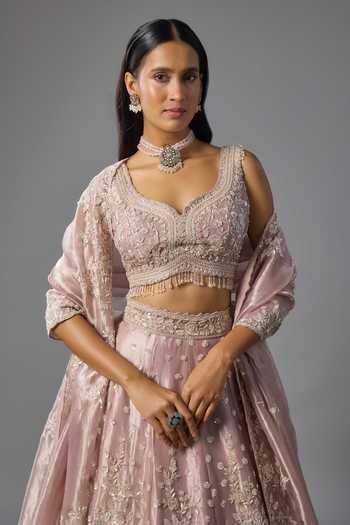 Vedant G Lavender Organza, Tissue Sweetheart Neck Cutdana Embroidered Lehenga Set Online at Aza Fashions Vedant G_Lavender Organza, Tissue Sweetheart Neck Cutdana Embroidered Lehenga Set _Online_at_Aza_Fashions