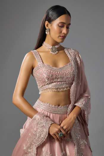 Vedant G_Pink Organza, Tissue Sweetheart Neck Cutdana Embroidered Lehenga Set _Online_at_Aza_Fashions