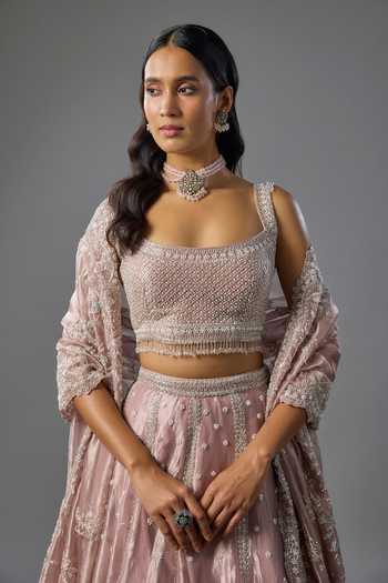 Vedant G_Lavender Organza, Tissue Square Neck Sequins Work Lehenga Set _Online_at_Aza_Fashions