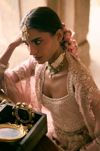 Buy_Vedant G_Pink Organza, Tissue Scoop Neck Sequins Embroidered Lehenga Set _Online_at_Aza_Fashions