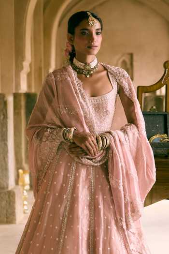 Shop_Vedant G_Pink Organza, Tissue Scoop Neck Sequins Embroidered Lehenga Set _Online_at_Aza_Fashions
