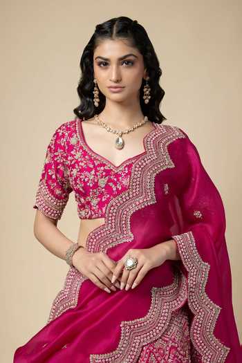 Vedant G_Fuchsia Silk, Organza Sweetheart Neck Embroidered Bridal Lehenga Set _Online_at_Aza_Fashions