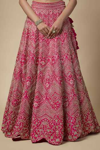 Buy_Vedant G_Fuchsia Silk, Organza Sweetheart Neck Embroidered Bridal Lehenga Set _Online_at_Aza_Fashions