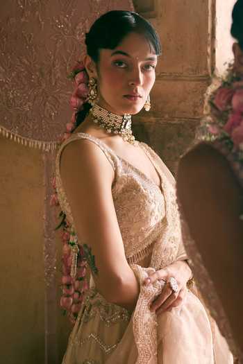 Vedant G_Beige Tissue V-neck Pearl Embroidered Lehenga Set _Online_at_Aza_Fashions