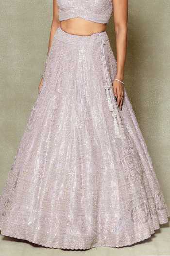 Vedant G_Lilac Tissue V-neck Pearls Embroidered Lehenga Set _Online_at_Aza_Fashions
