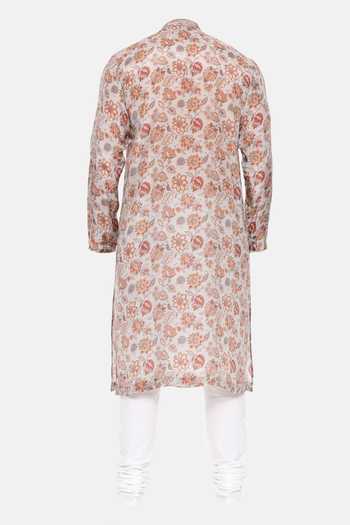 Shop Mayank Modi - Men Grey Muslin Embroidery Floral Print Kurta Set For Kids at Aza Fashions Shop_Mayank Modi - Men_Grey Muslin Embroidery Floral Print Kurta Set For Kids_at_Aza_Fashions