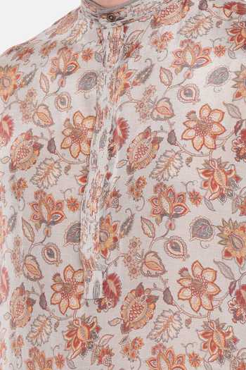 Mayank Modi - Men Grey Muslin Embroidery Floral Print Kurta Set For Kids Online at Aza Fashions Mayank Modi - Men_Grey Muslin Embroidery Floral Print Kurta Set For Kids_Online_at_Aza_Fashions