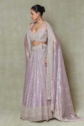 Vedant G_Lilac Tissue Sweetheart Neck Cutdana Embroidered Lehenga Set _Online_at_Aza_Fashions