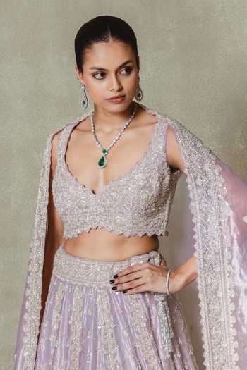 Shop_Vedant G_Lilac Tissue Sweetheart Neck Cutdana Embroidered Lehenga Set _Online_at_Aza_Fashions