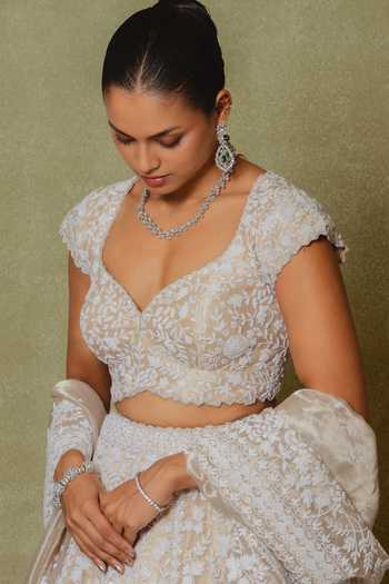 Buy_Vedant G_Gold Tissue Sweetheart Neck Embroidered Lehenga Set _Online_at_Aza_Fashions