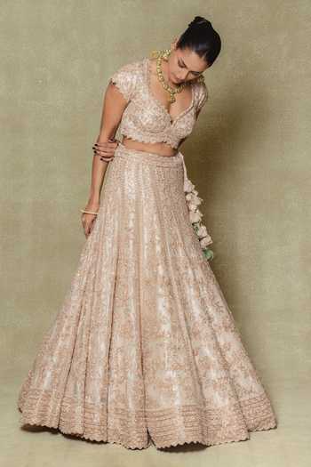 Buy Vedant G Beige Tissue V-neck Silk Embroidered Bridal Lehenga Set Online at Aza Fashions Buy_Vedant G_Beige Tissue V-neck Silk Embroidered Bridal Lehenga Set _Online_at_Aza_Fashions