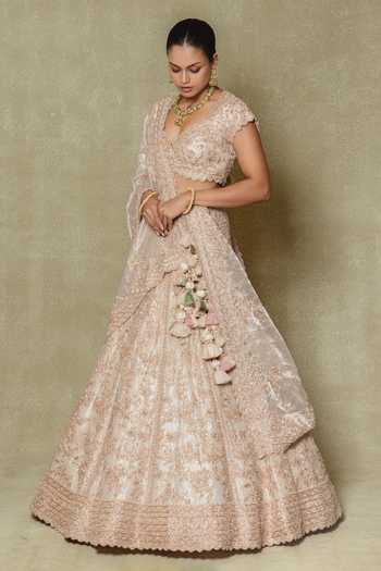 Shop Vedant G Beige Tissue V-neck Silk Embroidered Bridal Lehenga Set Online at Aza Fashions Shop_Vedant G_Beige Tissue V-neck Silk Embroidered Bridal Lehenga Set _Online_at_Aza_Fashions