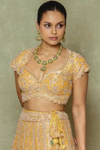 Vedant G_Yellow Tissue Sweetheart Neck Embroidered Lehenga Set _Online_at_Aza_Fashions