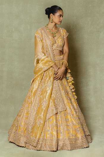 Vedant G Yellow Tissue Embroidered Lehenga Set 