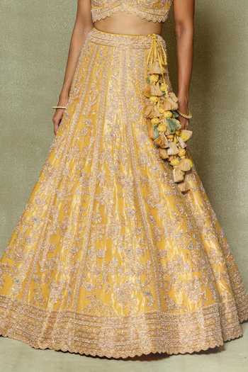 Shop_Vedant G_Yellow Tissue Sweetheart Neck Embroidered Lehenga Set _Online_at_Aza_Fashions