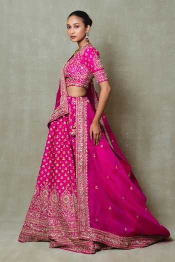 Vedant G_Pink Tissue Sweetheart Neck Rani Embroidered Lehenga Set _Online_at_Aza_Fashions