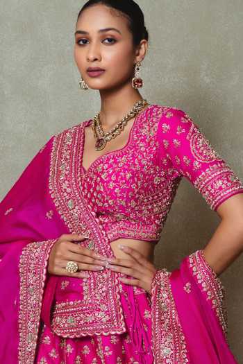 Buy_Vedant G_Pink Tissue Sweetheart Neck Rani Embroidered Lehenga Set _Online_at_Aza_Fashions