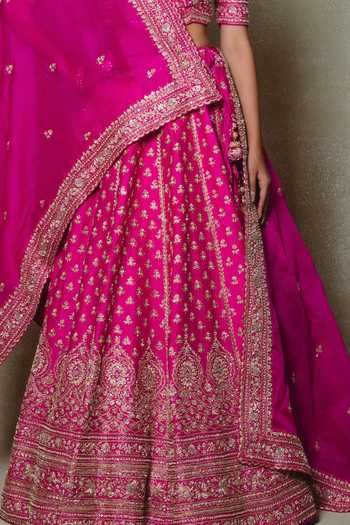Shop_Vedant G_Pink Tissue Sweetheart Neck Rani Embroidered Lehenga Set _Online_at_Aza_Fashions