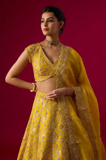 Vedant G Yellow Silk, Organza, Brocade V-neck Sequin Embroidered Lehenga Set Online at Aza Fashions Vedant G_Yellow Silk, Organza, Brocade V-neck Sequin Embroidered Lehenga Set _Online_at_Aza_Fashions
