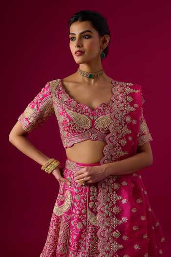 Vedant G Pink Organza Sweetheart Neck Zari Embroidered Lehenga Set Online at Aza Fashions Vedant G_Pink Organza Sweetheart Neck Zari Embroidered Lehenga Set _Online_at_Aza_Fashions