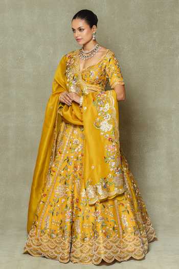 Vedant G Yellow Organza Embroidered Lehenga Set 