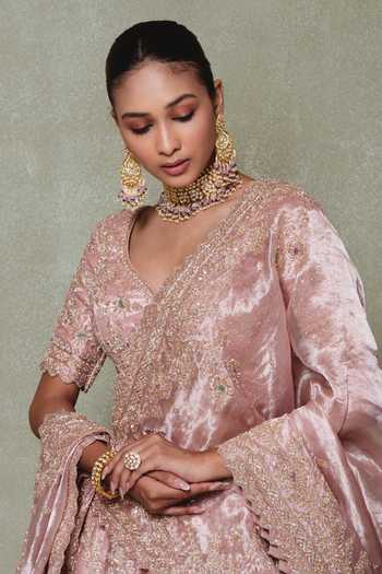 Vedant G Pink Tissue Sweetheart Neck Rose Embroidered Bridal Lehenga Set Online at Aza Fashions Vedant G_Pink Tissue Sweetheart Neck Rose Embroidered Bridal Lehenga Set _Online_at_Aza_Fashions