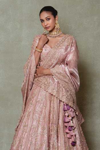 Buy Vedant G Pink Tissue Sweetheart Neck Rose Embroidered Bridal Lehenga Set Online at Aza Fashions Buy_Vedant G_Pink Tissue Sweetheart Neck Rose Embroidered Bridal Lehenga Set _Online_at_Aza_Fashions