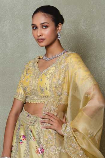 Vedant G_Yellow Silk, Organza V-neck Embroidered Lehenga Set _Online_at_Aza_Fashions