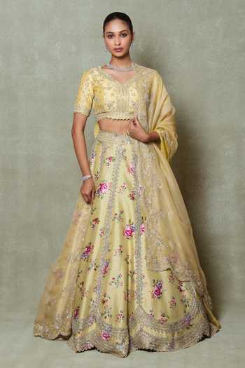 Vedant G Yellow Silk Embroidered Lehenga Set 