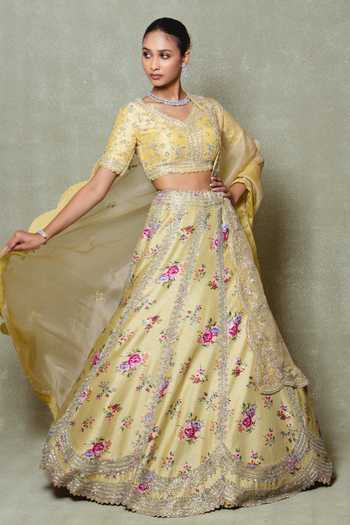 Buy_Vedant G_Yellow Silk, Organza V-neck Embroidered Lehenga Set _Online_at_Aza_Fashions
