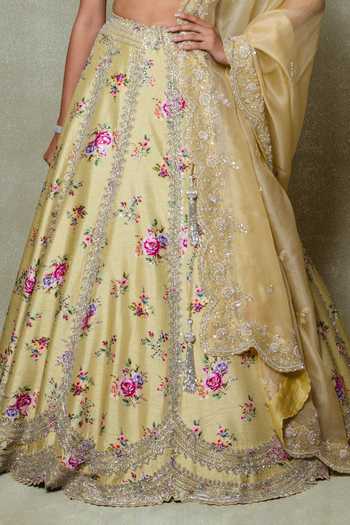 Shop_Vedant G_Yellow Silk, Organza V-neck Embroidered Lehenga Set _Online_at_Aza_Fashions